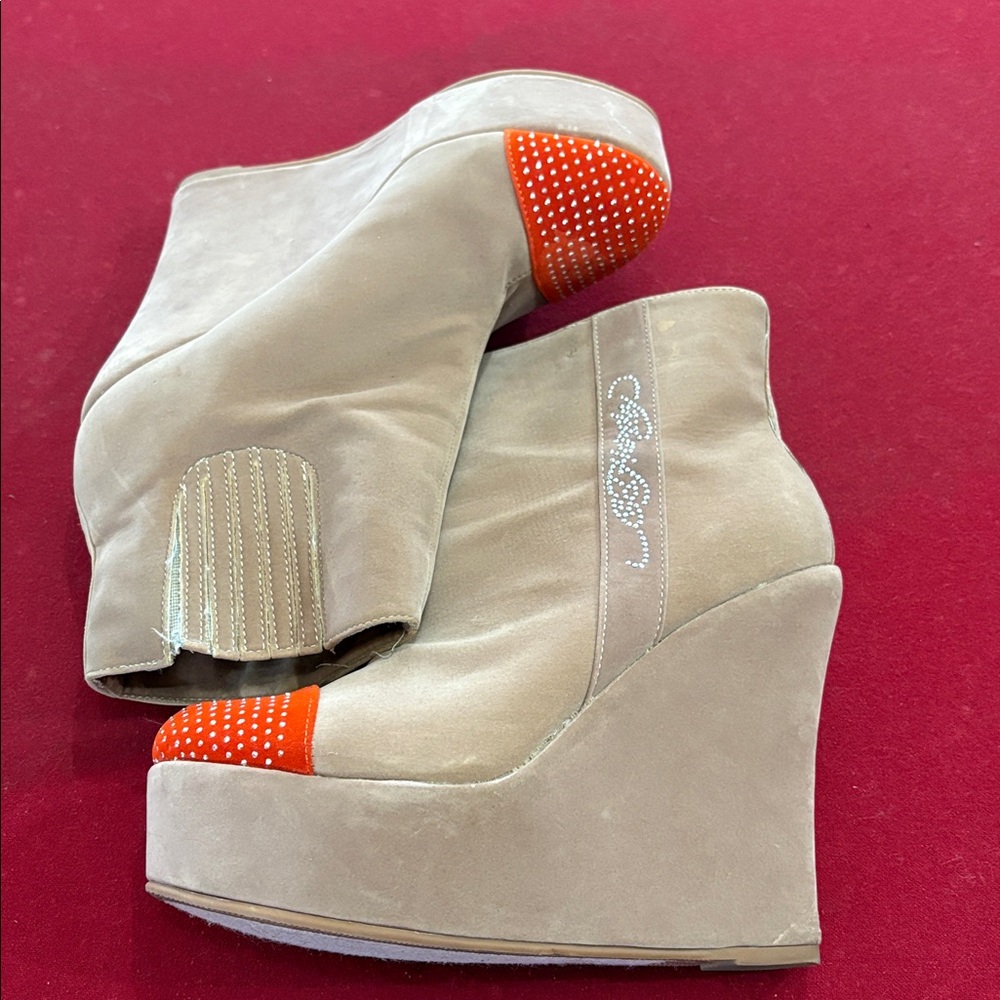 Beige Wedge Ankle Boots with Orange Accents
